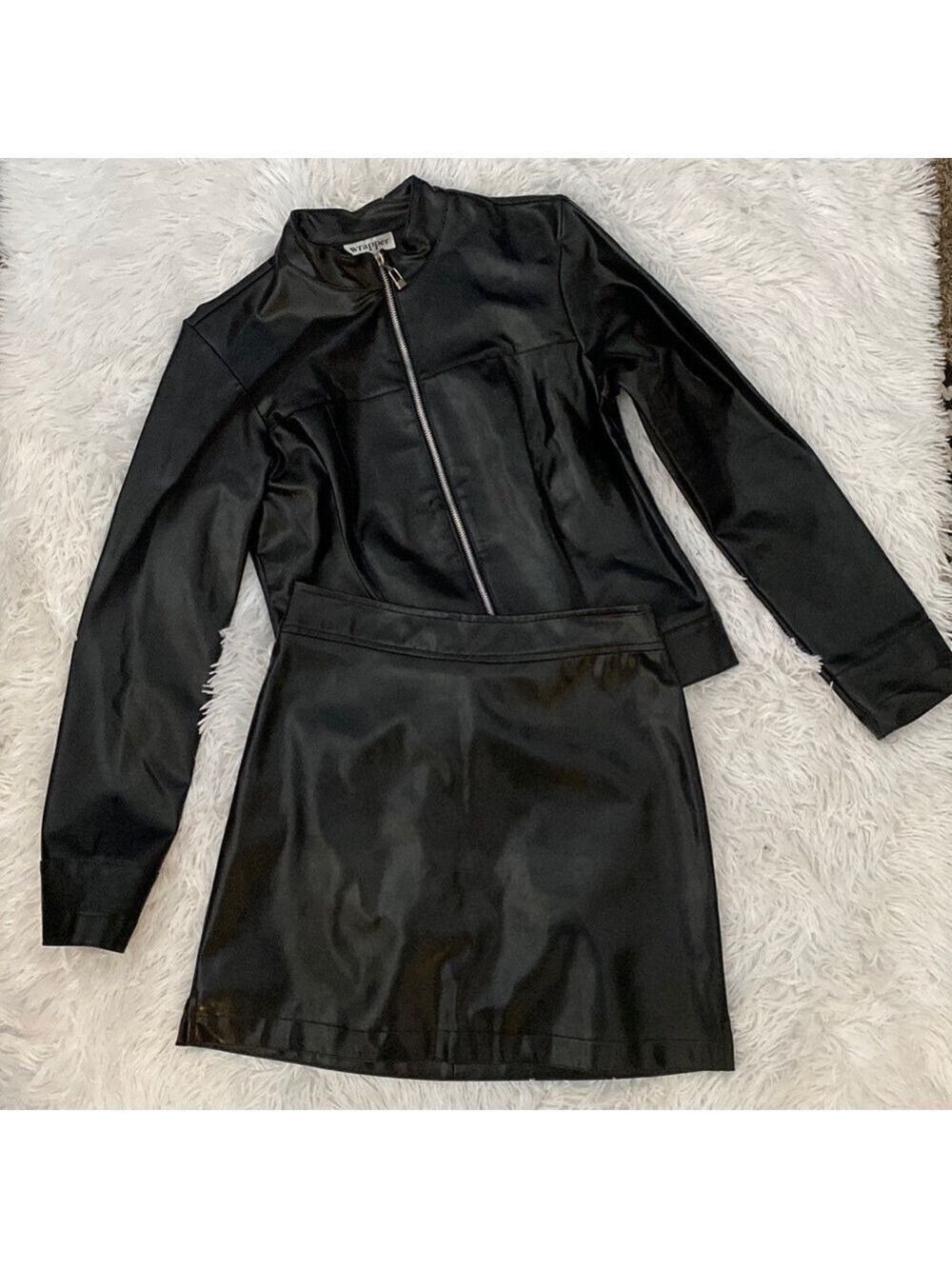 90’s vintage vegan leather jacket & mini skirt set